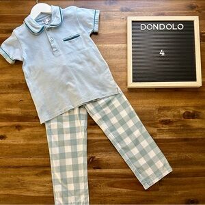 Dondolo Blue Checked Clive Short Sleeve Polo Top Pants Set Boys Cotton Preppy 4